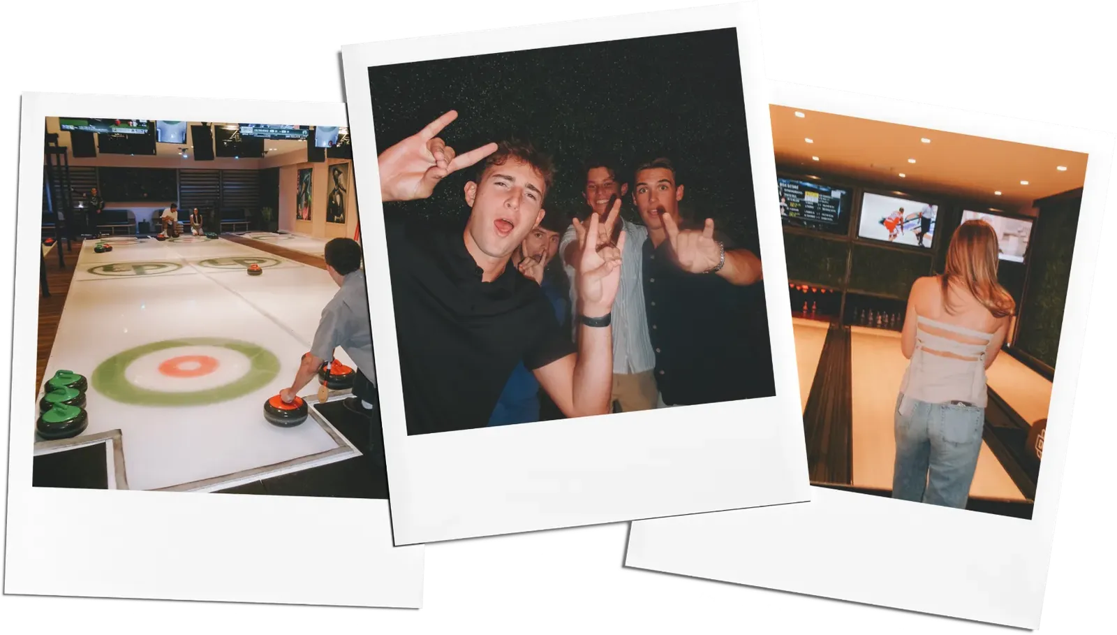 Polaroids of guests ice curling, celebrating, and duckpin bowling at House Rules